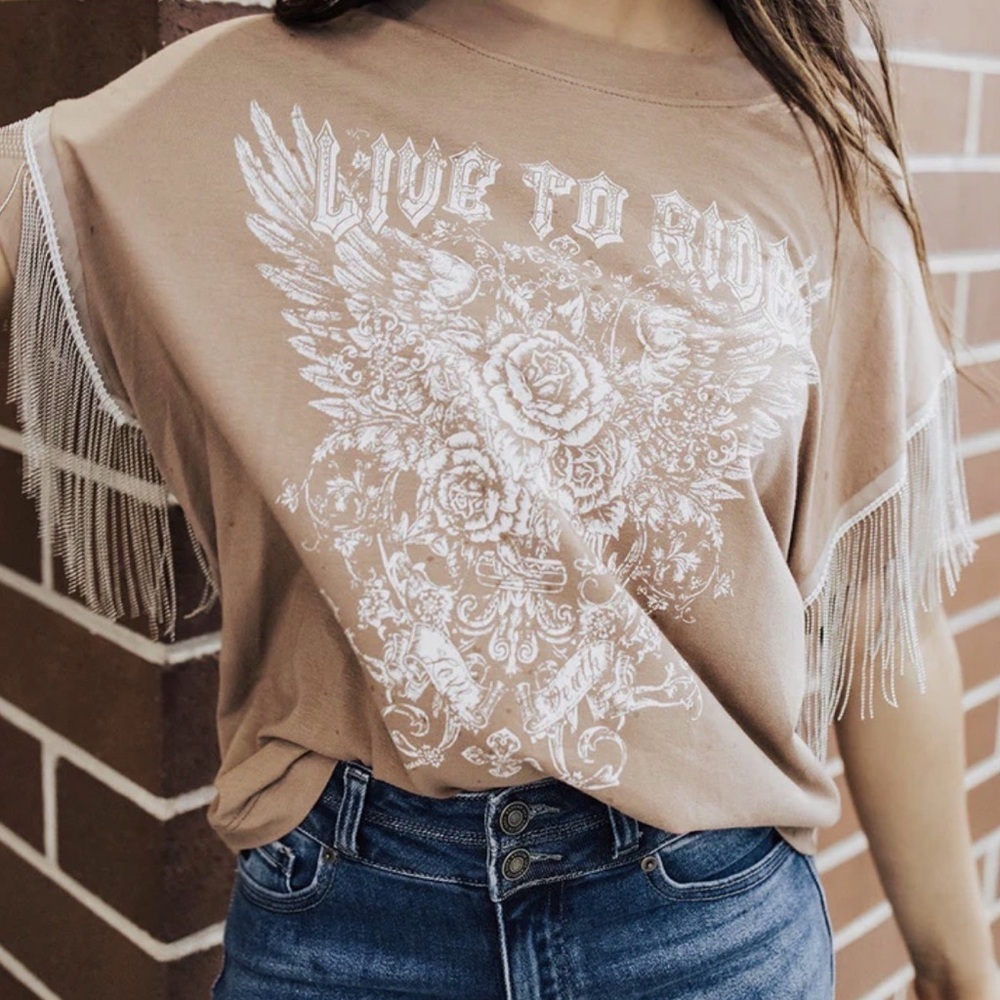 VOCAL Tunic Top Small Cotton Live To Ride Metal Fringe Short Sleeve Punk Moto